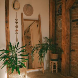 Warm, inviting interior space featuring rustic wood, lush greenery, and natural decorations.